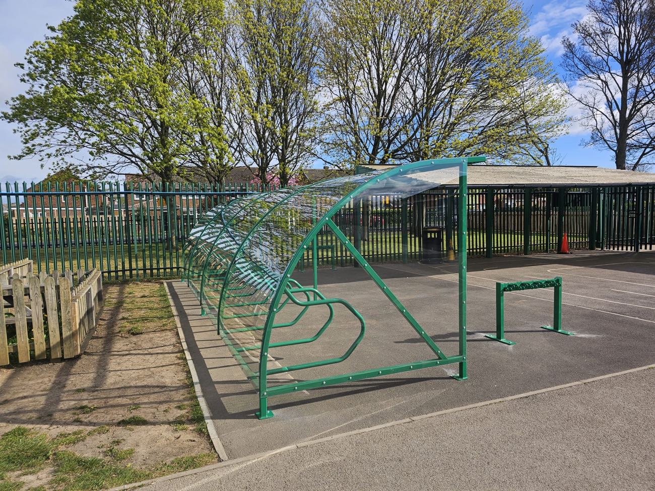 Cycle shelter at a school, installed by Canopies & Shelters Ltd