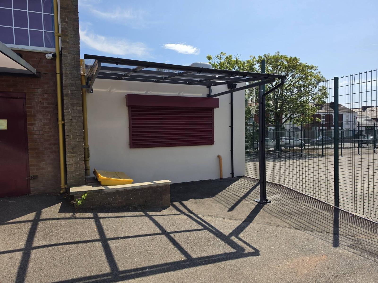 Outdoor kitchen and dining canopy, Stockport School, Stockport, installed by Canopies & Shelters Ltd