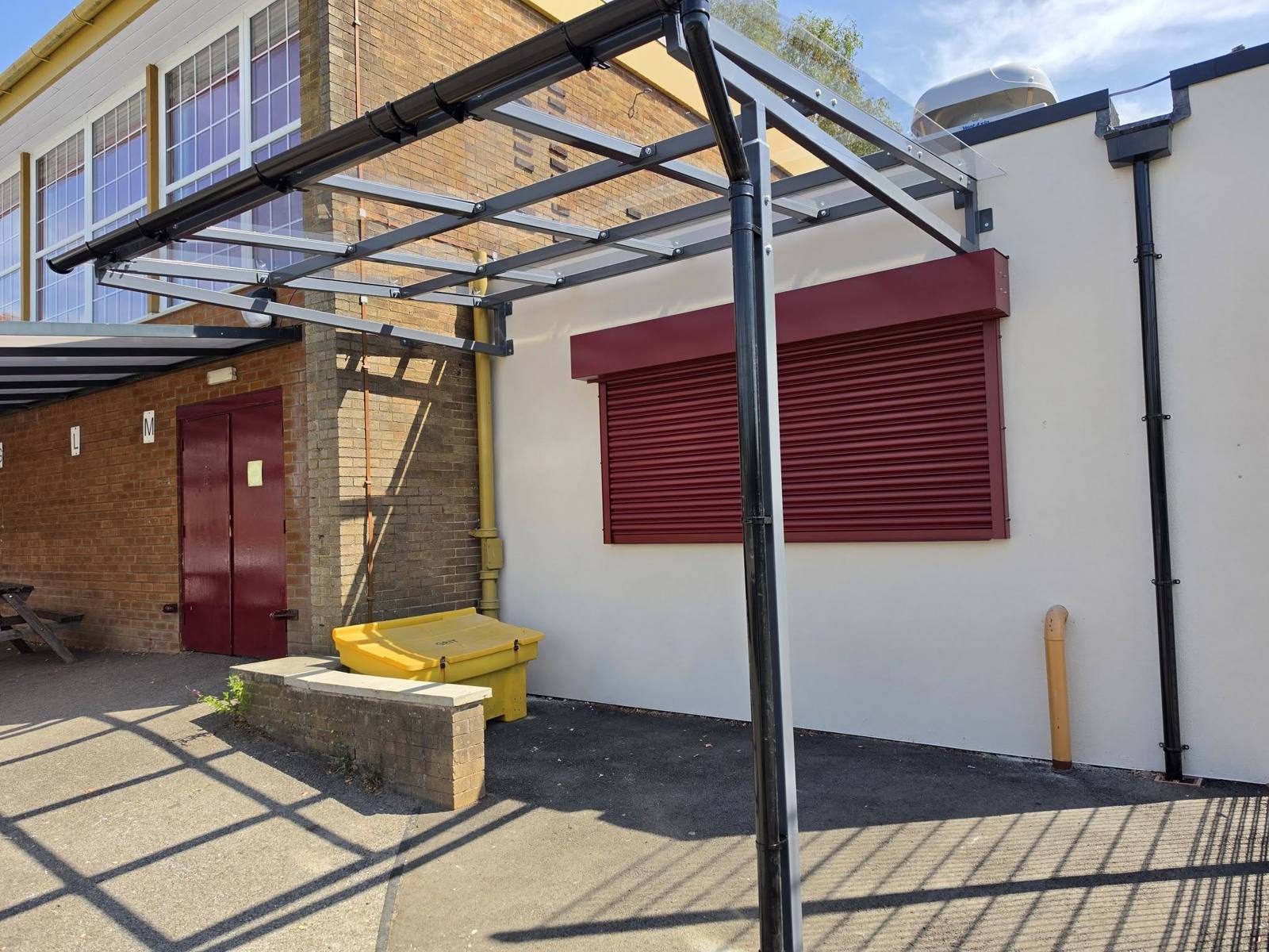 Outdoor kitchen and dining canopy, Stockport School, Stockport, installed by Canopies & Shelters Ltd